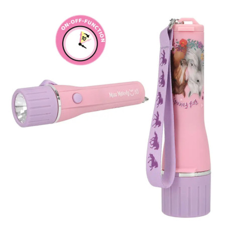 Rosa-lila Taschenlampe mit Tiermotiv, passendem Trageband und Ein-/Ausschalt-Symbol oben.