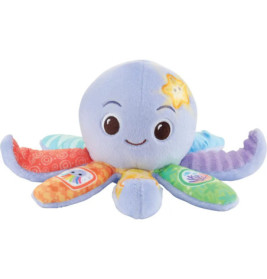 Plüsch-Oktopus mit lächelndem Gesicht, bunt gemusterten Tentakeln und gelbem Stern auf dem Kopf.