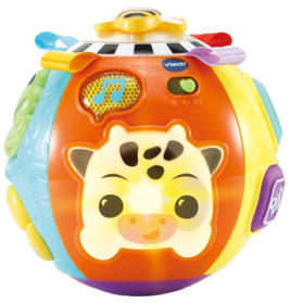 Bunter Babytierball mit Kuhgesicht, Musikknopf und unterschiedlichen Oberflächenstrukturen.