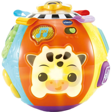 Bunter Babytierball mit Kuhgesicht, Musikknopf und unterschiedlichen Oberflächenstrukturen.