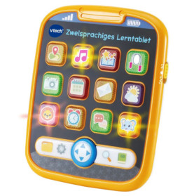 Gelbes VTech Zweisprachiges Lerntablet mit bunten Tasten und Symbolen.