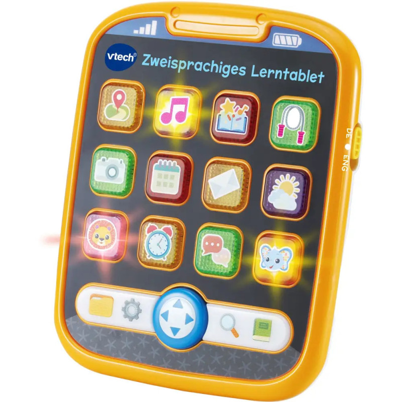 Gelbes VTech Zweisprachiges Lerntablet mit bunten Tasten und Symbolen.