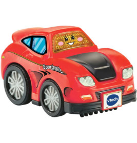 Rotes Spielzeugauto mit lächelndem Gesicht auf der Windschutzscheibe und Sportauto-Schriftzug an der Seite.