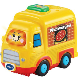 Gelber Spielzeug-Pizzawagen mit lachendem Gesicht, blauen Rädern und Pizzawagen-Grafik an der Seite.