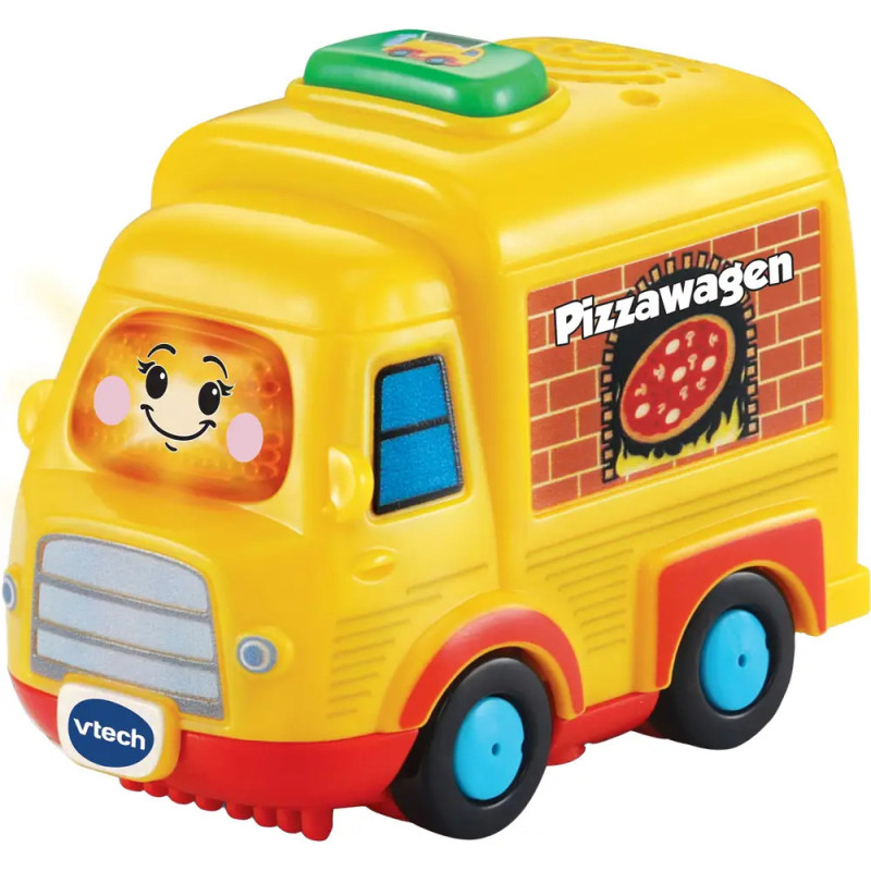 Gelber Spielzeug-Pizzawagen mit lachendem Gesicht, blauen Rädern und Pizzawagen-Grafik an der Seite.