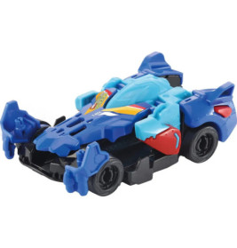 Blaues Spielzeug-Rennauto mit roten, gelben und hellblauen Akzenten, kantigem, futuristischem Design.