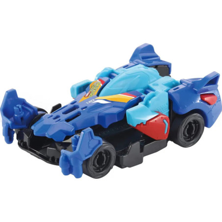 Blaues Spielzeug-Rennauto mit roten, gelben und hellblauen Akzenten, kantigem, futuristischem Design.