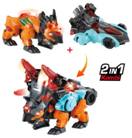 Spielzeugdinosaurier und Auto vereinen sich zu einem Roboter-Dino. Beschriftung: 2 in 1 Kombi, mit Umwandlungspfeilen.