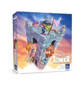 Bunte Brettspielschachtel mit Comicfiguren auf schiefer Steinturm. Aufschrift: Magic Maze Tower.