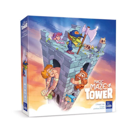 Bunte Brettspielschachtel mit Comicfiguren auf schiefer Steinturm. Aufschrift: Magic Maze Tower. Bunte Brettspielschachtel mit Comicfiguren auf schiefer Steinturm. Aufschrift: Magic Maze Tower.