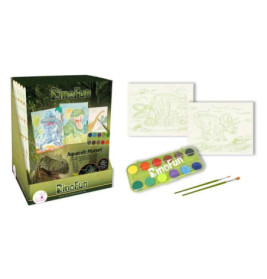 DinoFun Aquarell-Set mit Dinosaurier-Malvorlagen, Farben und Pinseln abgebildet.