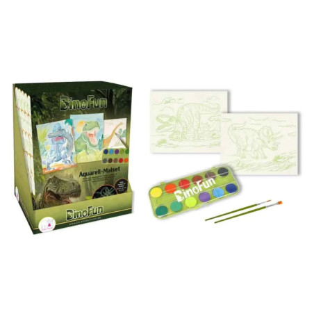 DinoFun Aquarell-Set mit Dinosaurier-Malvorlagen, Farben und Pinseln abgebildet.