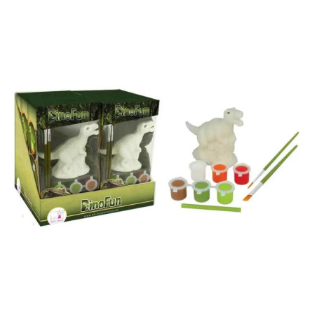 Dinosaurier-Malset mit weißer Dinofigur, Farbtöpfen, Pinseln und DinoFun-Verpackung.