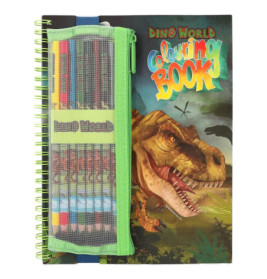Dino World Malbuch mit Spiralbindung und angebrachtem Mäppchen mit Farbstiften.