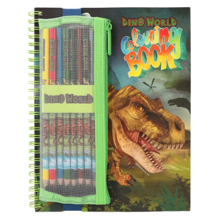 Dino World Malbuch mit Spiralbindung und angebrachtem Mäppchen mit Farbstiften.