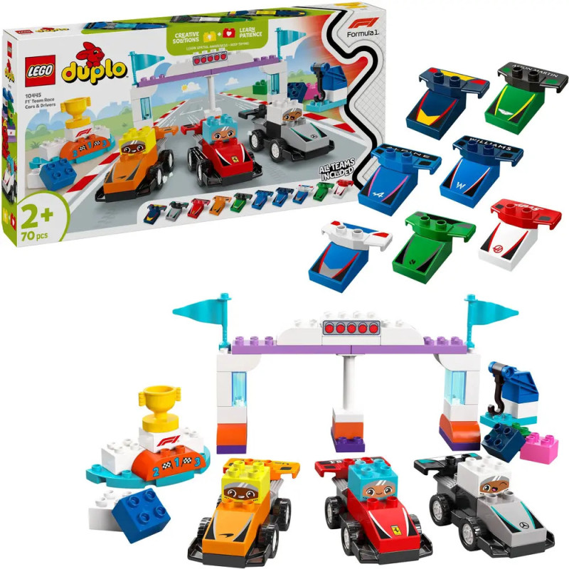 LEGO Duplo Rennwagen-Set ab 2 Jahren mit Autos, Fahrern, Ziellinie und Zubehör. LEGO Duplo Rennwagen-Set ab 2 Jahren mit Autos, Fahrern, Ziellinie und Zubehör.