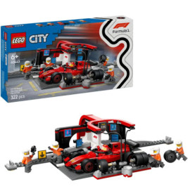 LEGO City F1 Box mit Rennauto, Box und Boxencrew-Minifiguren, die das aufgebaute Set zeigen.