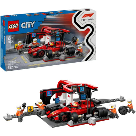 LEGO City F1 Box mit Rennauto, Box und Boxencrew-Minifiguren, die das aufgebaute Set zeigen.