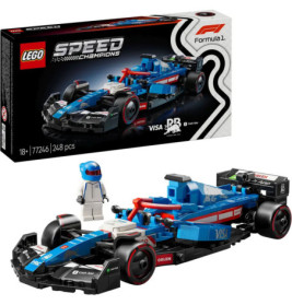 LEGO Speed Champions Formel-1-Set mit blauem Auto, Fahrer-Minifigur und Verpackung im Hintergrund.