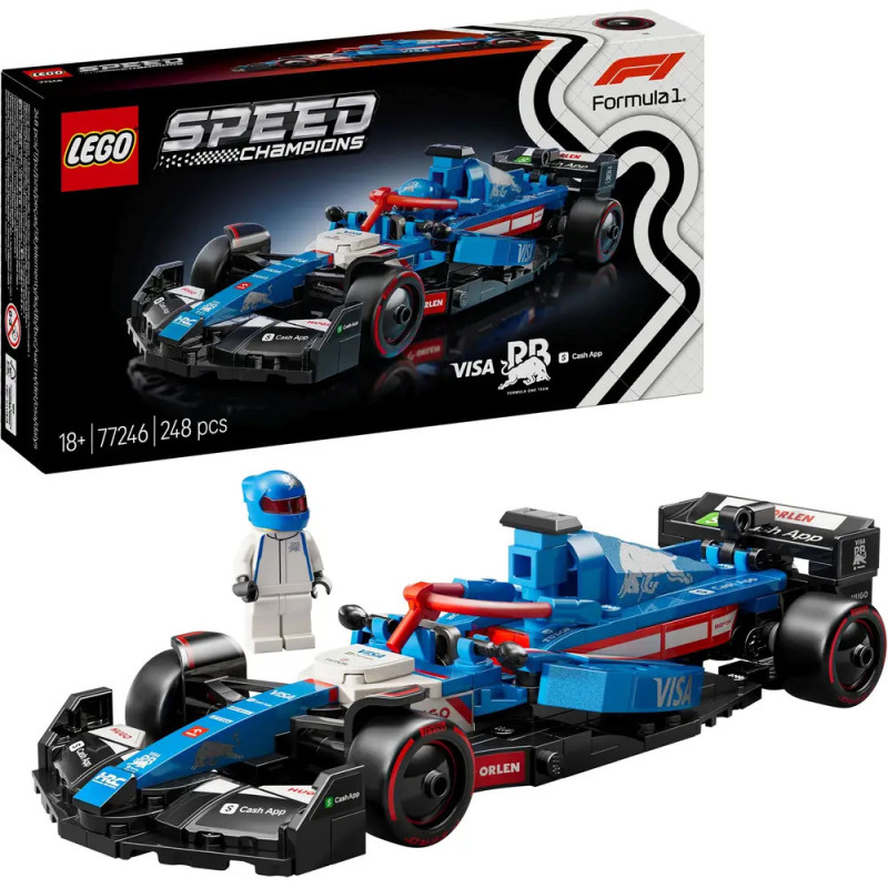 LEGO Speed Champions Formel-1-Set mit blauem Auto, Fahrer-Minifigur und Verpackung im Hintergrund.