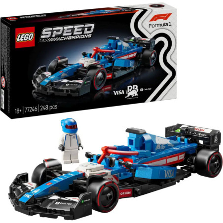 LEGO Speed Champions Formel-1-Set mit blauem Auto, Fahrer-Minifigur und Verpackung im Hintergrund.