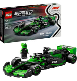 LEGO Speed Champions KICK Sauber F1 Set mit grün-schwarzem Rennauto, Minifigur und Verpackung.