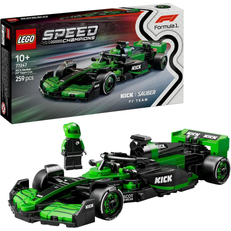 LEGO Speed Champions KICK Sauber F1 Set mit grün-schwarzem Rennauto, Minifigur und Verpackung.