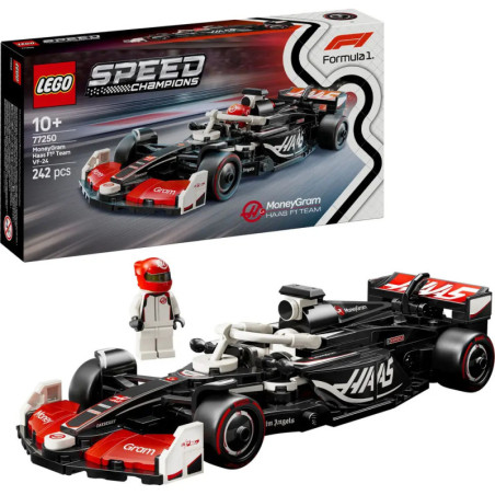 Das LEGO Speed Champions Haas F1 Set enthält ein Auto, eine Fahrerfigur, die Box und 242 Bausteine.