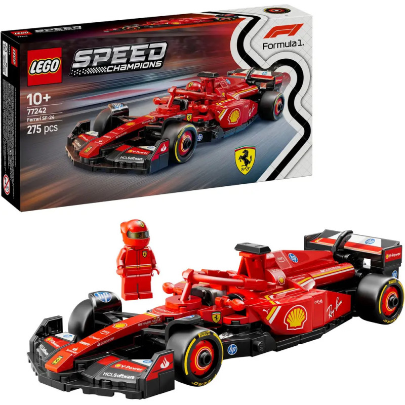 LEGO Speed Champions Ferrari F1-75 Set mit 275 Teilen, Box und einer Minifigur im roten Rennanzug.