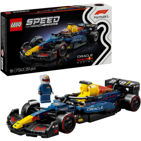 LEGO Speed Champions Red Bull F1 Set mit Minifigur, Auto und Box, inklusive Oracle- und Sponsorenlogos.