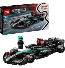 LEGO Speed Champions Mercedes-AMG F1 Set mit Minifigur, Verpackung und aufgebautem Rennwagen.