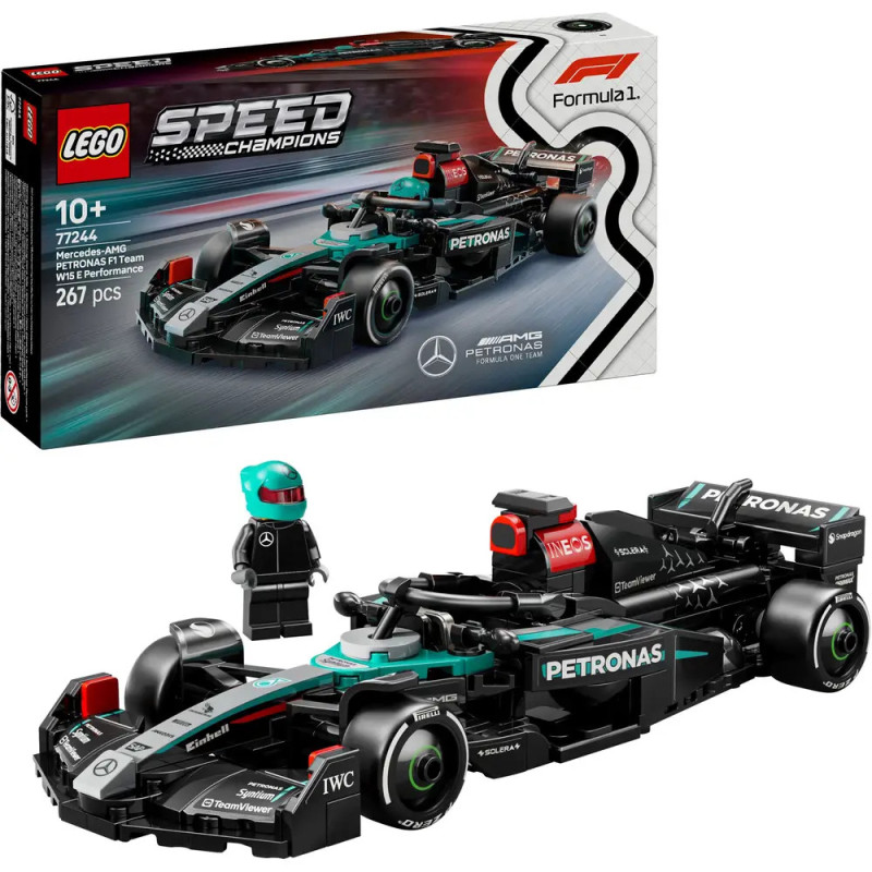 LEGO Speed Champions Mercedes-AMG F1 Set mit Minifigur, Verpackung und aufgebautem Rennwagen. LEGO Speed Champions Mercedes-AMG F1 Set mit Minifigur, Verpackung und aufgebautem Rennwagen.