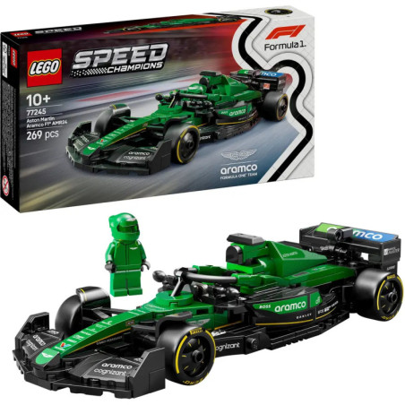 LEGO Speed Champions Aston Martin F1 Set mit grünem Rennwagen, Minifigur und Verpackung abgebildet.