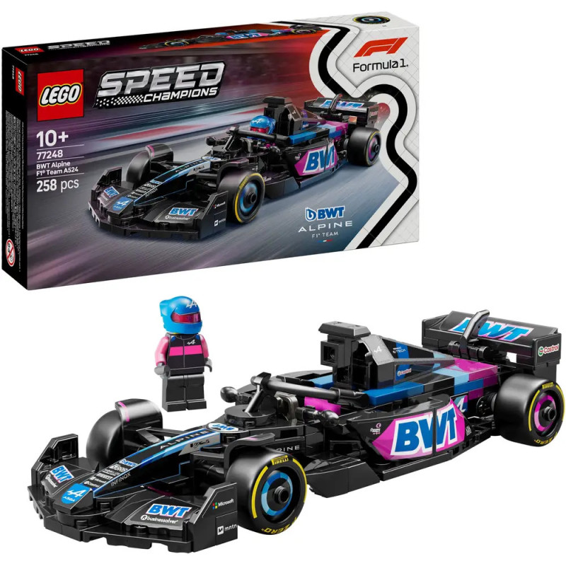 LEGO Speed Champions BWT Alpine F1 Set mit Box, Minifigur und 258 Teilen abgebildet.