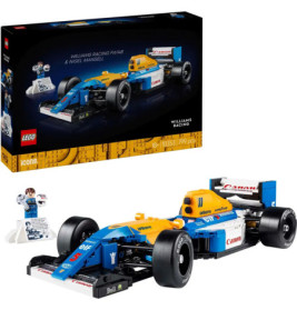 LEGO Williams Racing FW14B Set mit blau-gelbem Rennwagen, Verpackung und Minifigur aufgestellt.