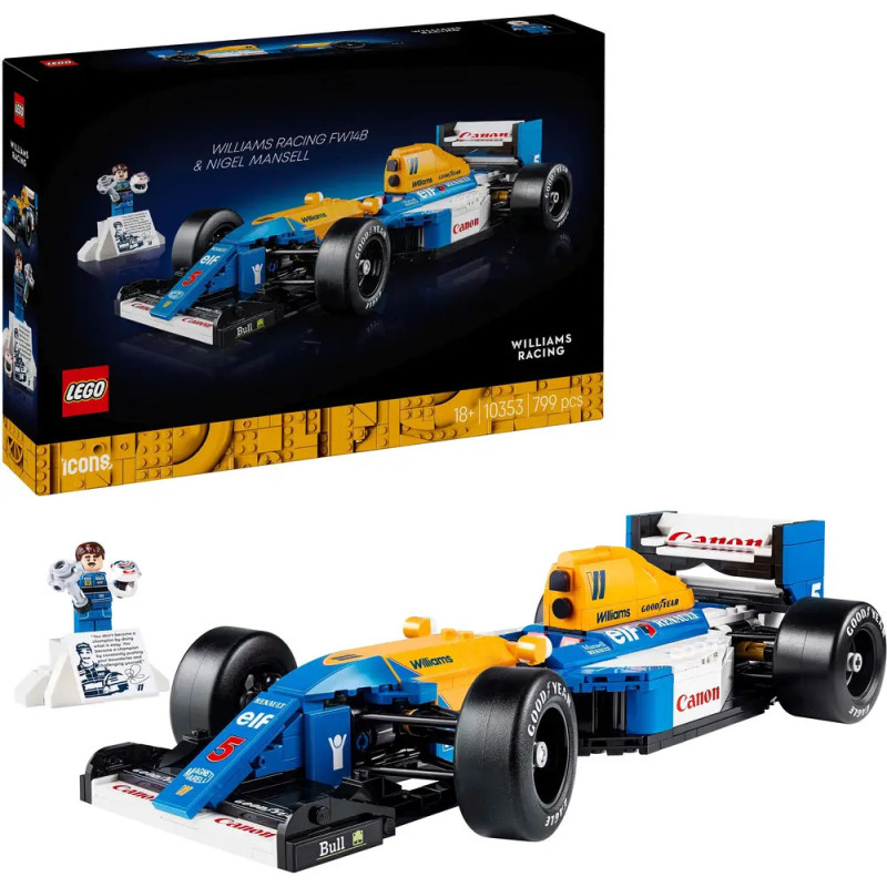 LEGO Williams Racing FW14B Set mit blau-gelbem Rennwagen, Verpackung und Minifigur aufgestellt. LEGO Williams Racing FW14B Set mit blau-gelbem Rennwagen, Verpackung und Minifigur aufgestellt.