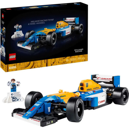 LEGO Williams Racing FW14B Set mit blau-gelbem Rennwagen, Verpackung und Minifigur aufgestellt.