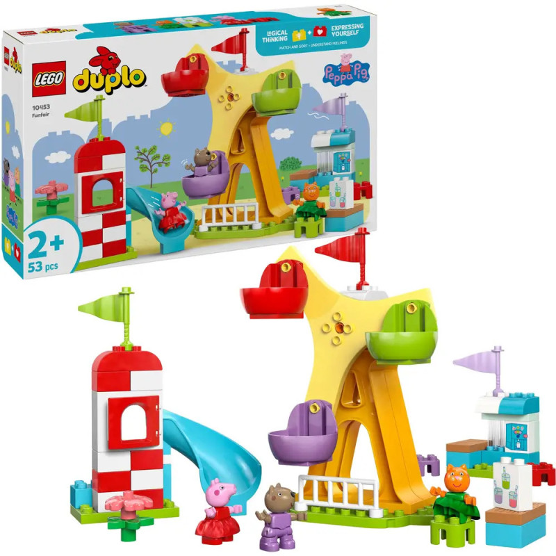 LEGO DUPLO Peppa Pig Jahrmarkt-Set mit Riesenrad, Rutsche, Figuren und Bausteinen für Kinder ab 2 Jahren. LEGO DUPLO Peppa Pig Jahrmarkt-Set mit Riesenrad, Rutsche, Figuren und Bausteinen für Kinder ab 2 Jahren.