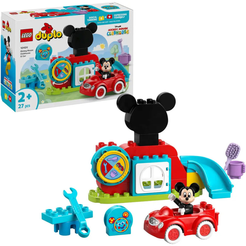 LEGO Duplo Set: Mickey Mouse Clubhouse mit Mickey-Figur, Auto und bunten Bausteinen.