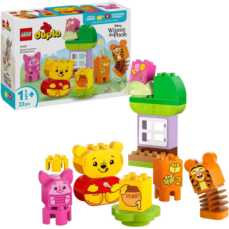 LEGO DUPLO Winnie Puuh Set mit Figuren von Puuh, Ferkel, Tigger, bunten Steinen und einem Baumhaus. LEGO DUPLO Winnie Puuh Set mit Figuren von Puuh, Ferkel, Tigger, bunten Steinen und einem Baumhaus.