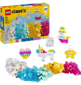 LEGO Classic Set mit bunten transparenten Steinen, Schachtel und gebauten Tier- und Objektfiguren vorne.