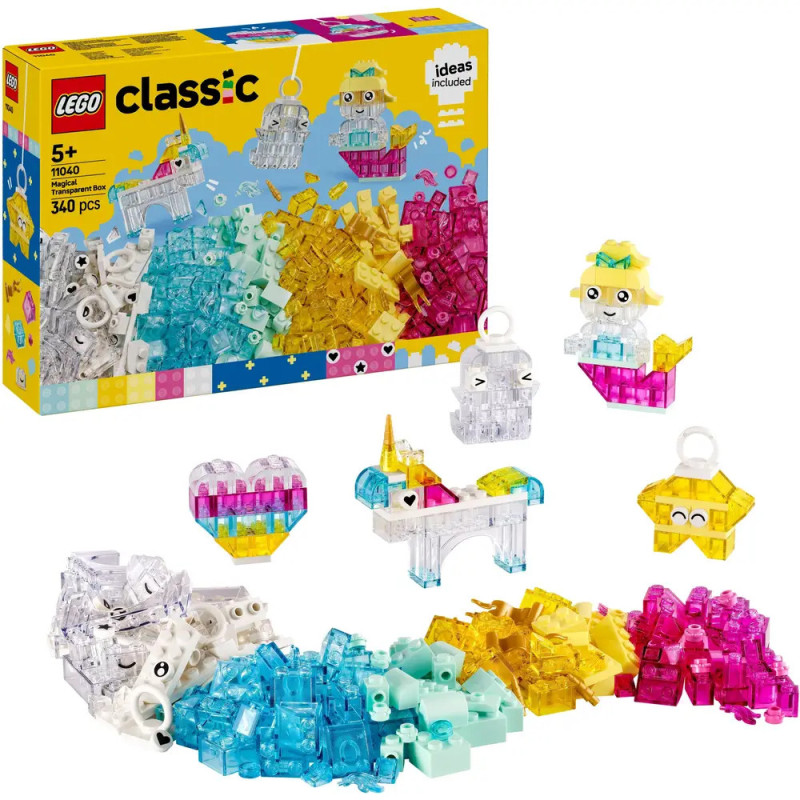 LEGO Classic Set mit bunten transparenten Steinen, Schachtel und gebauten Tier- und Objektfiguren vorne. LEGO Classic Set mit bunten transparenten Steinen, Schachtel und gebauten Tier- und Objektfiguren vorne.