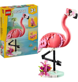 LEGO Creator 3-in-1 Flamingo-Set mit Verpackung: Ein rosa LEGO-Flamingo steht neben Pflanzen.
