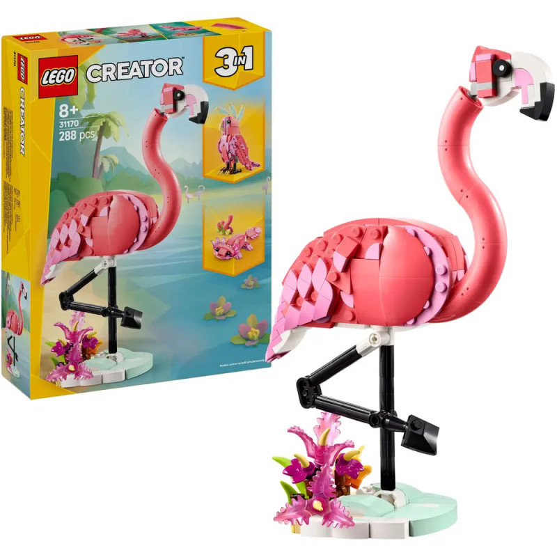 LEGO Creator 3-in-1 Flamingo-Set mit Verpackung: Ein rosa LEGO-Flamingo steht neben Pflanzen.
