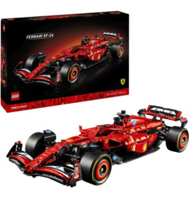 LEGO Technic Ferrari SF-24 Set mit Verpackung und aufgebautem roten Formel-1-Modell aufgestellt.