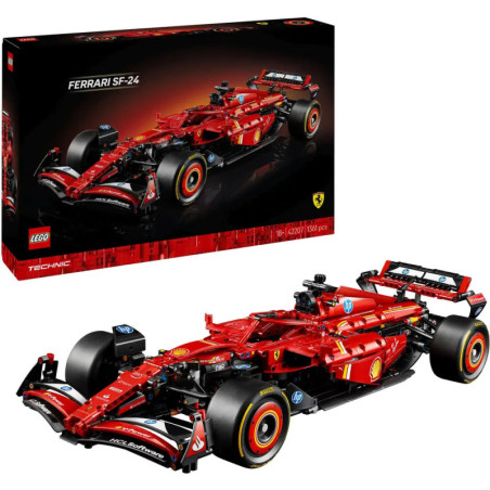 LEGO Technic Ferrari SF-24 Set mit Verpackung und aufgebautem roten Formel-1-Modell aufgestellt.