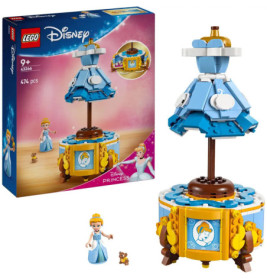 LEGO Disney Princess Cinderella Spieluhr-Set mit drehbarem Kleid, Minifigur, Maus und abgebildeter Verpackung.