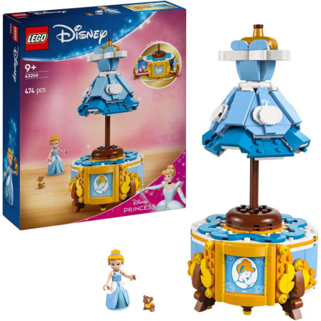 LEGO Disney Princess Cinderella Spieluhr-Set mit drehbarem Kleid, Minifigur, Maus und abgebildeter Verpackung.