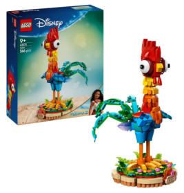 LEGO Disney Moana 2 Set mit buntem, steinernem Hei Hei-Hahn und Verpackung im Hintergrund.