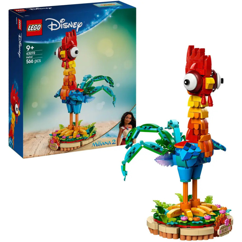 LEGO Disney Moana 2 Set mit buntem, steinernem Hei Hei-Hahn und Verpackung im Hintergrund. LEGO Disney Moana 2 Set mit buntem, steinernem Hei Hei-Hahn und Verpackung im Hintergrund.